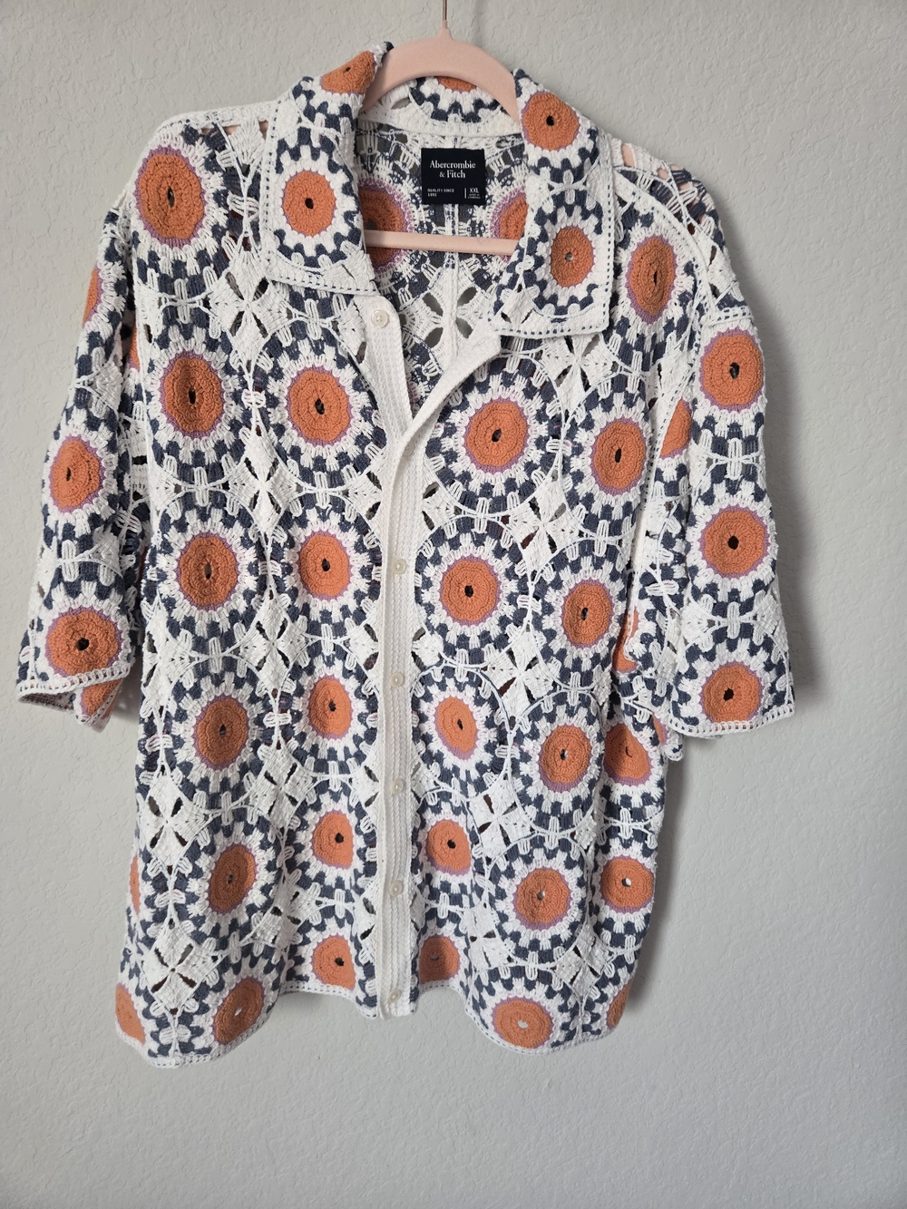 Abercrombie & Fitch Crochet Button-Front Top in Cream, Orange & Navy